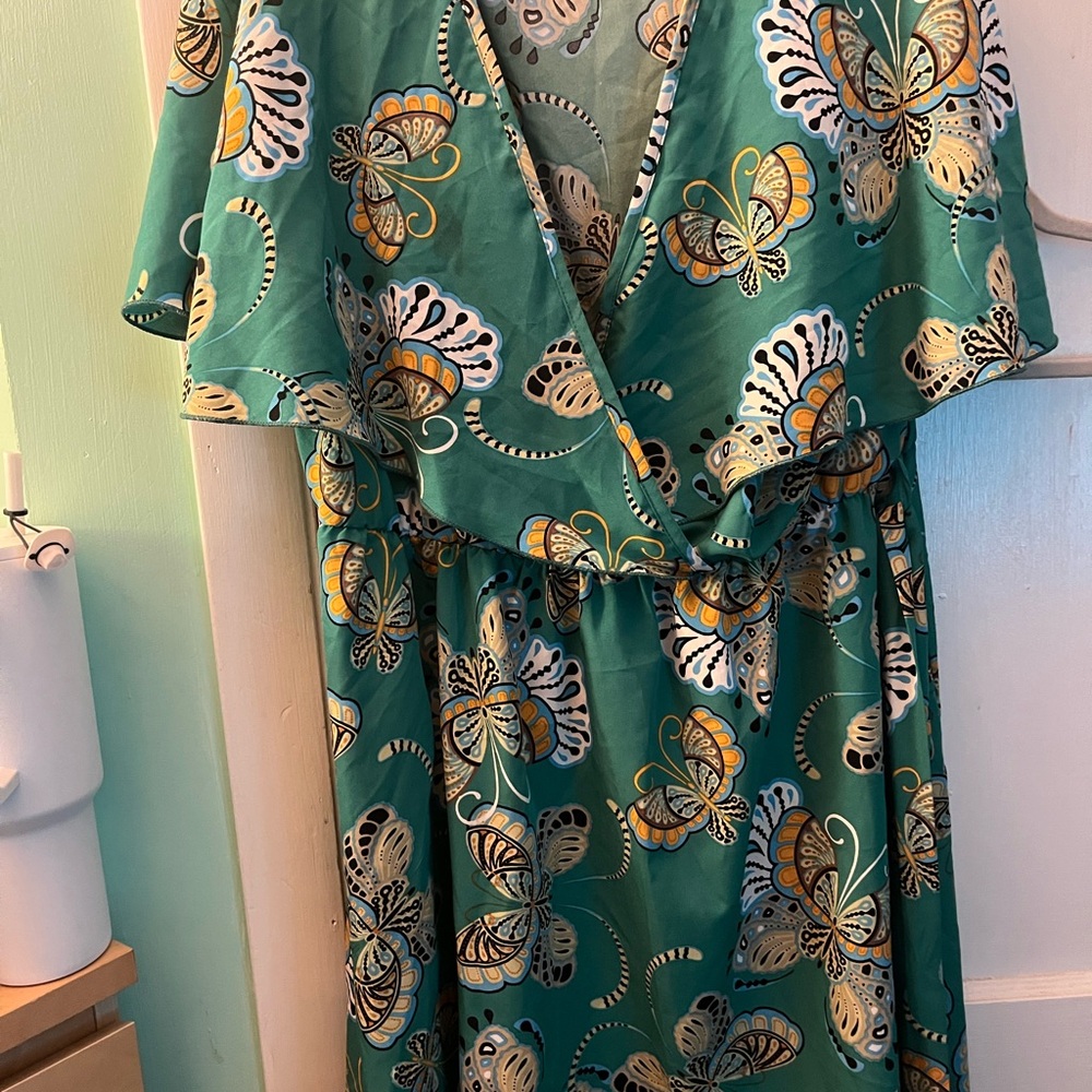 SHEIN Green Cream Ruffled Wrap Maxi Dress